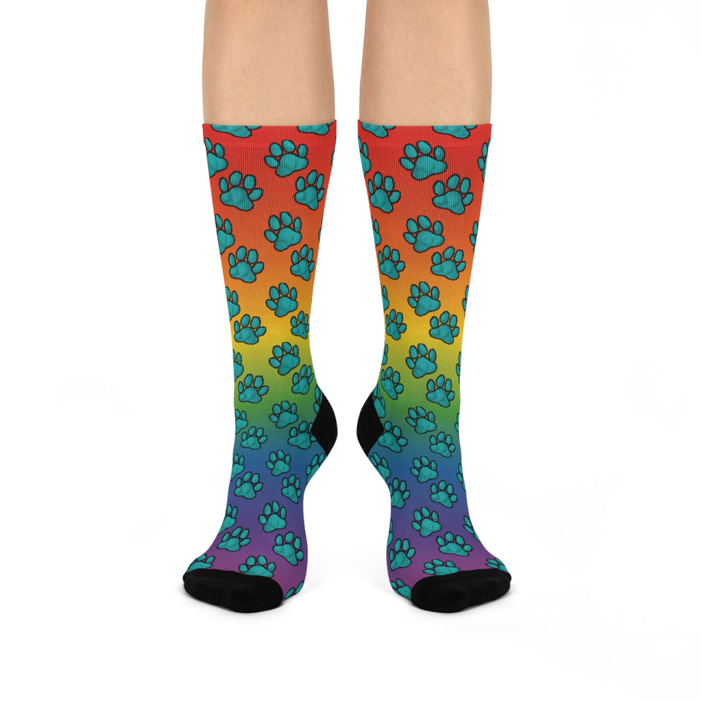 Rainbow Paw Print Cushioned Crew Socks