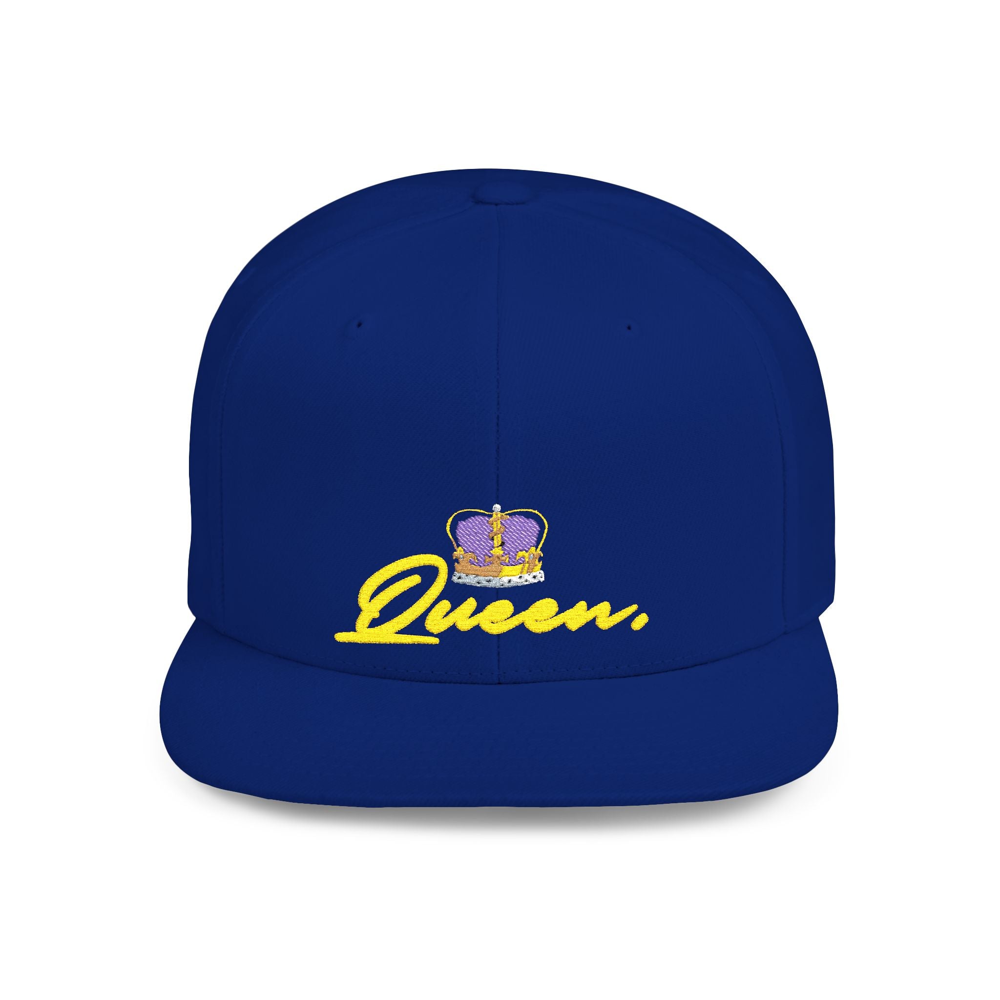 Queen Script Flat Bill Snapback Hat with Crown Embroidery