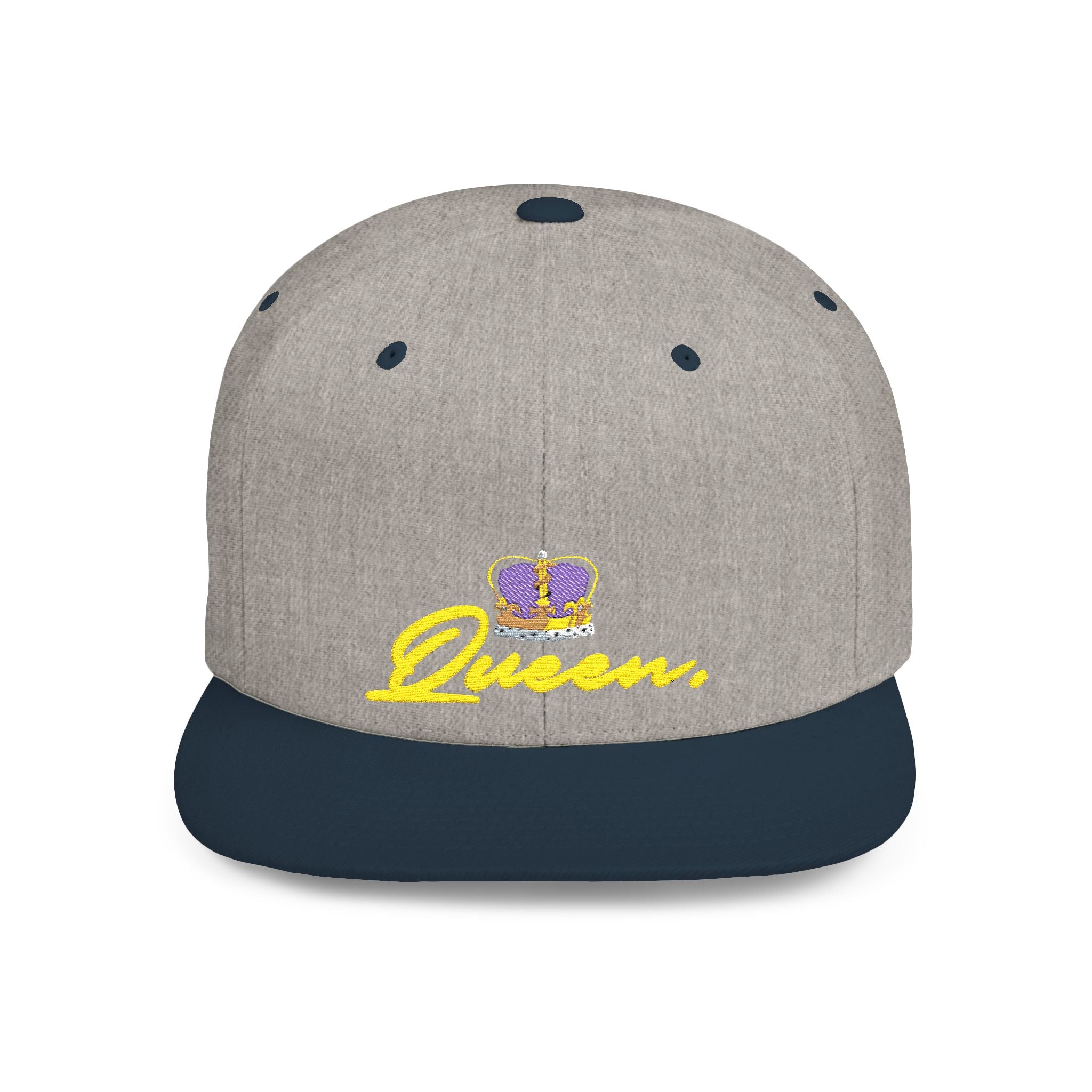 Queen Script Flat Bill Snapback Hat with Crown Embroidery