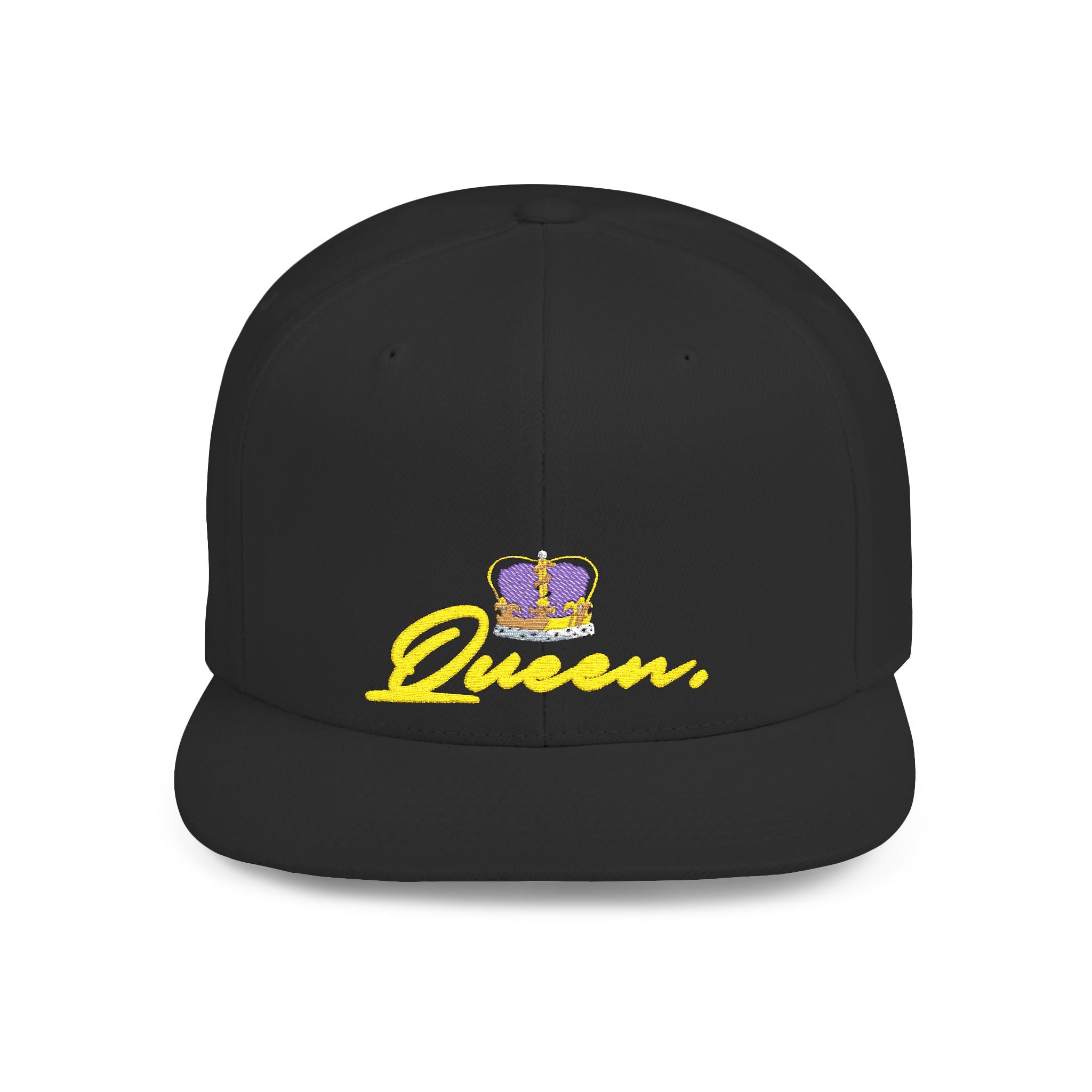 Queen Script Flat Bill Snapback Hat with Crown Embroidery