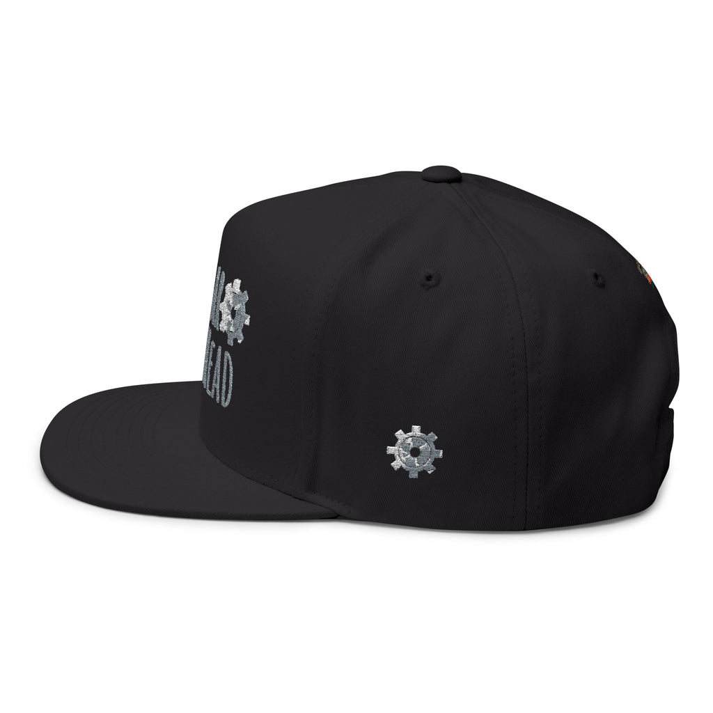 Gear Head Flat Bill Cap — Embroidered Mechanical Gears Hat