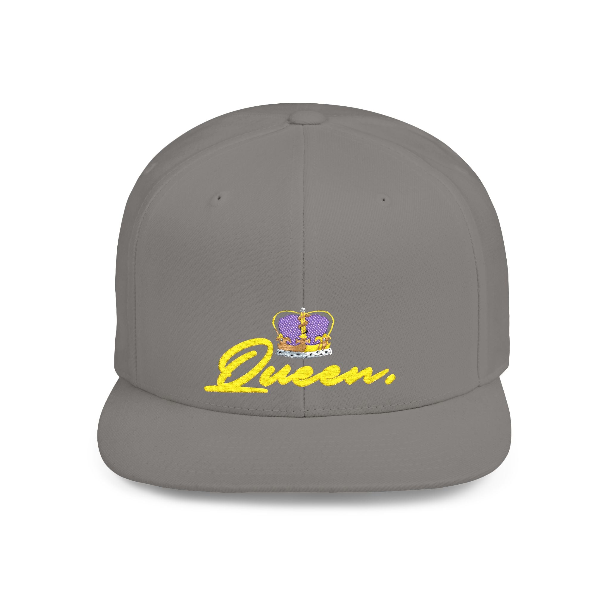 Queen Script Flat Bill Snapback Hat with Crown Embroidery