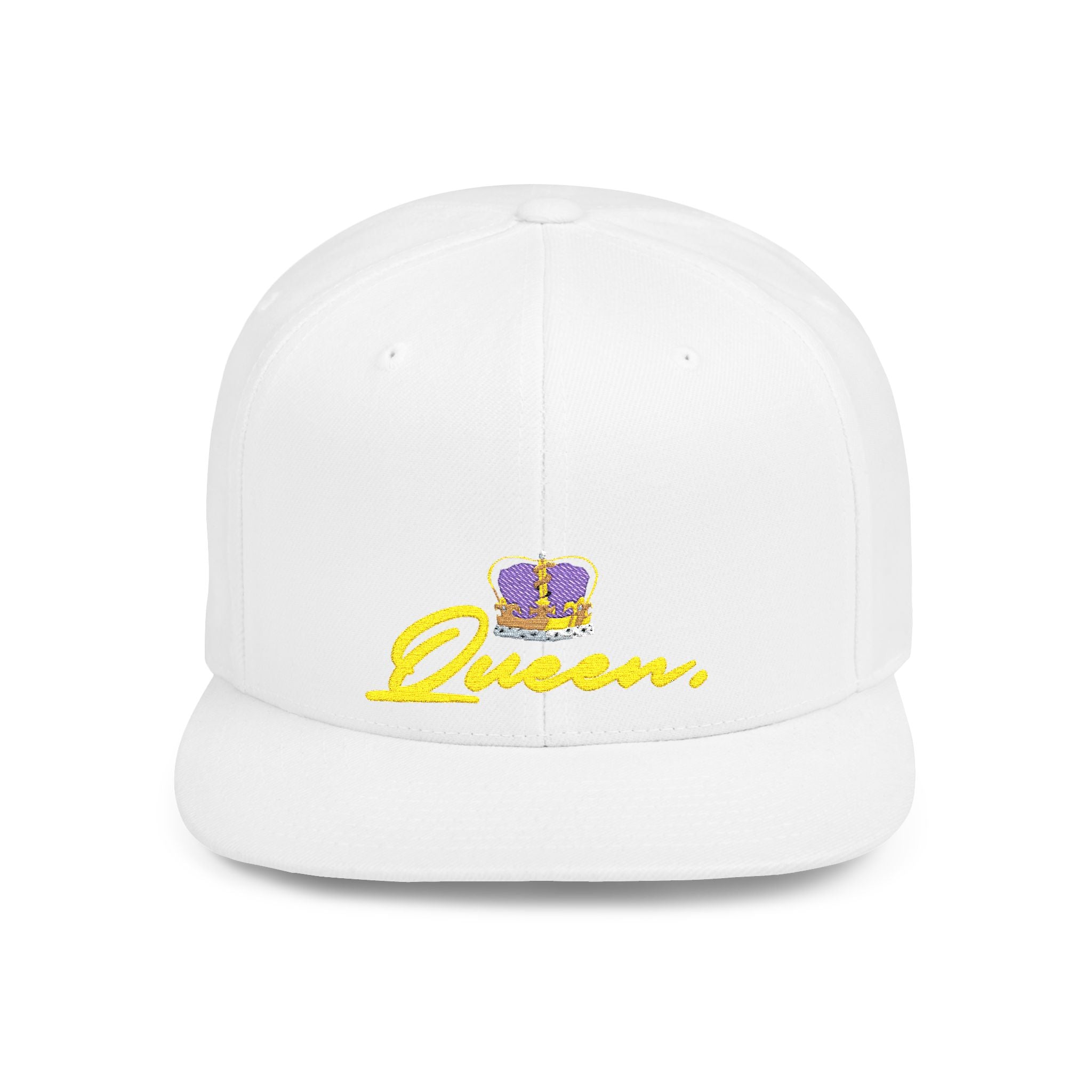 Queen Script Flat Bill Snapback Hat with Crown Embroidery