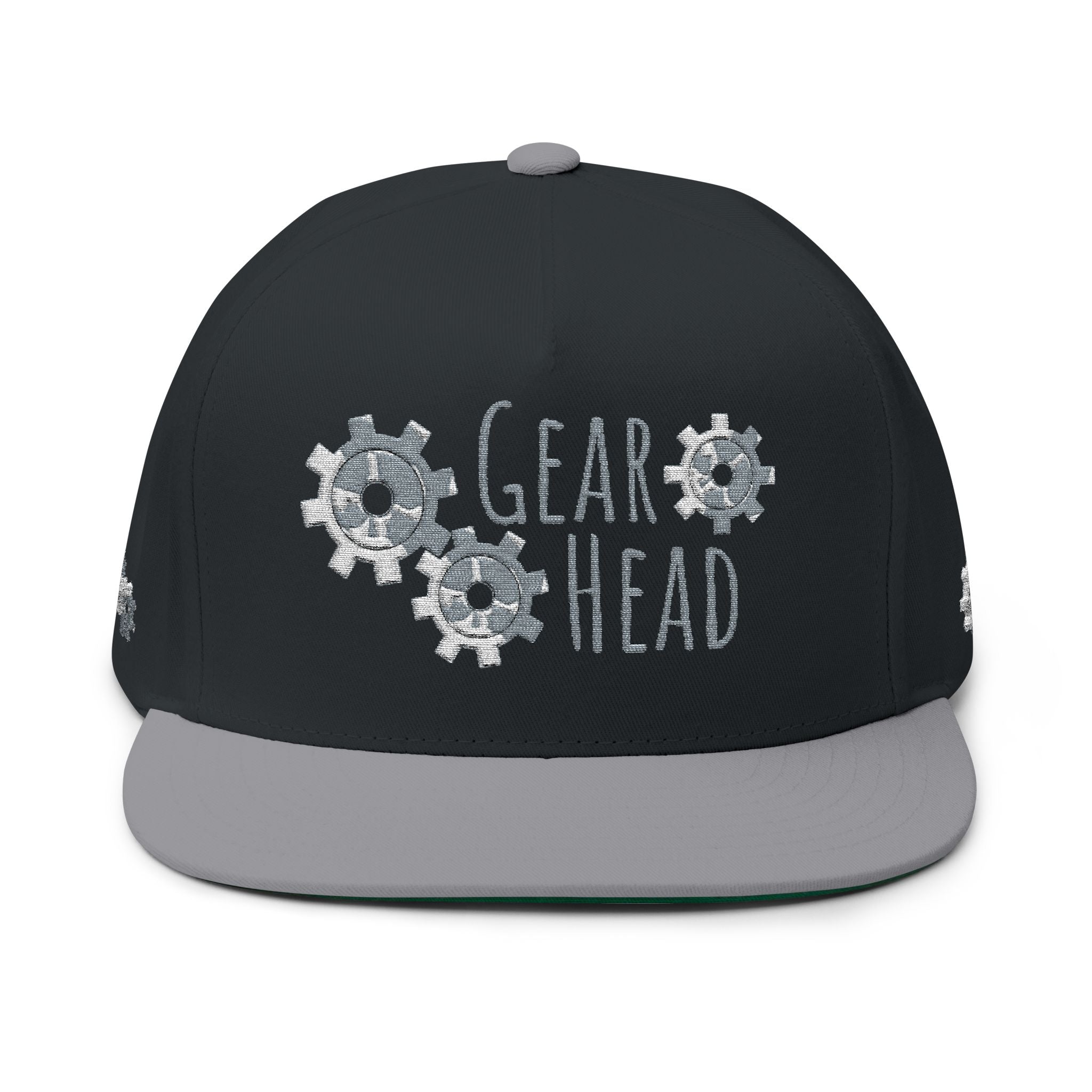Gear Head Flat Bill Cap — Embroidered Mechanical Gears Hat