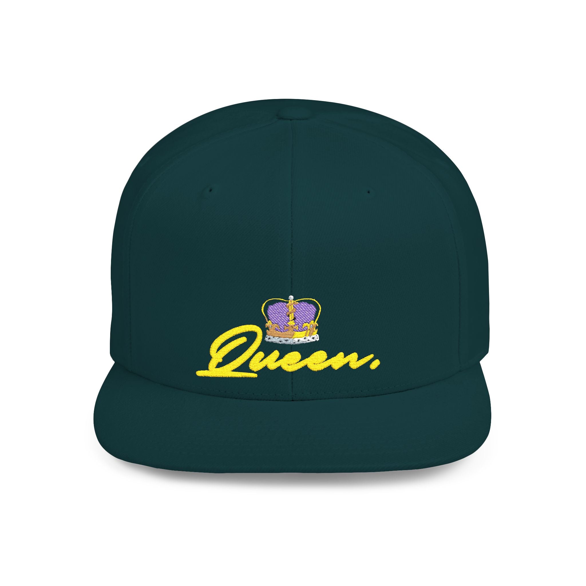 Queen Script Flat Bill Snapback Hat with Crown Embroidery