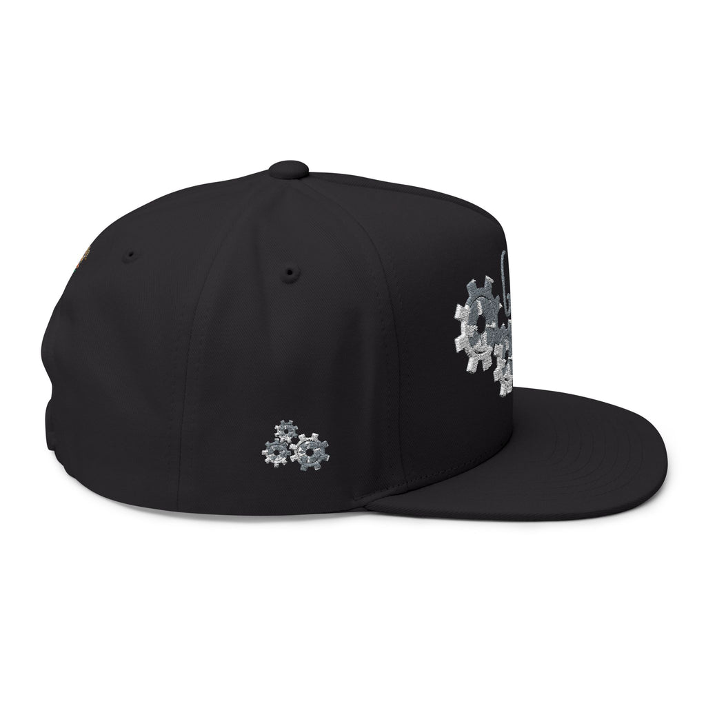 Gear Head Flat Bill Cap — Embroidered Mechanical Gears Hat