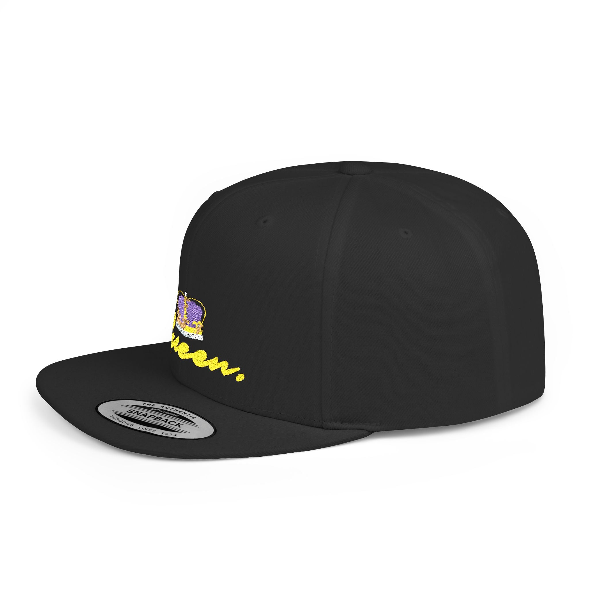 Queen Script Flat Bill Snapback Hat with Crown Embroidery