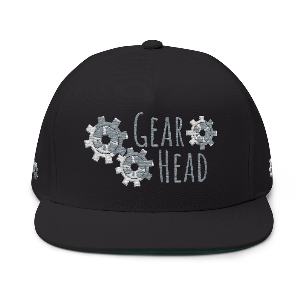 Gear Head Flat Bill Cap — Embroidered Mechanical Gears Hat
